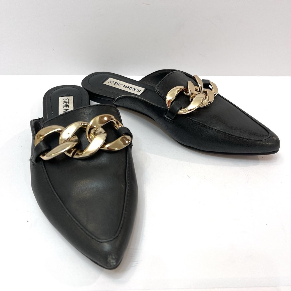 Steve Madden Slip On Black Flat Mule With Gold Chain Leather Size 6 - Picture 5 of 7